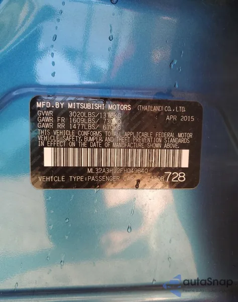 2015 Mitsubishi Mirage De z USA, uszkodzony, nr VIN ML32A3HJ2FH049640